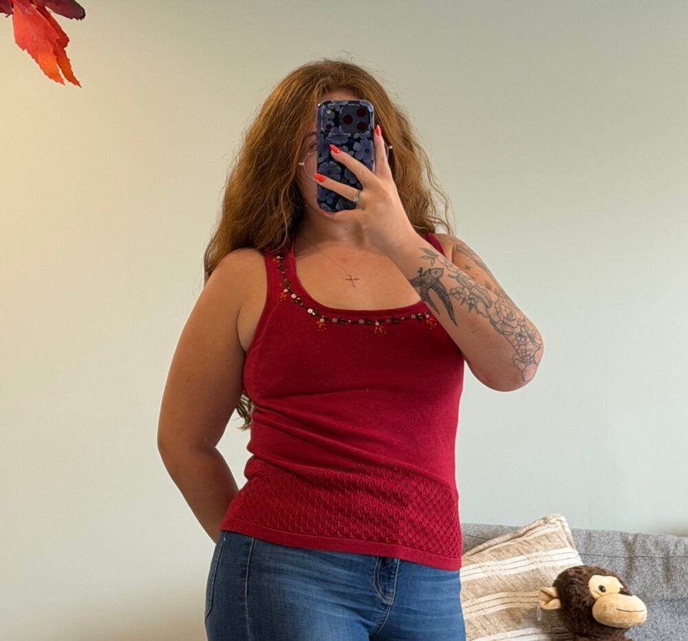 Evan-Picone Red Beaded Knit Tank Top Boho Y2K M